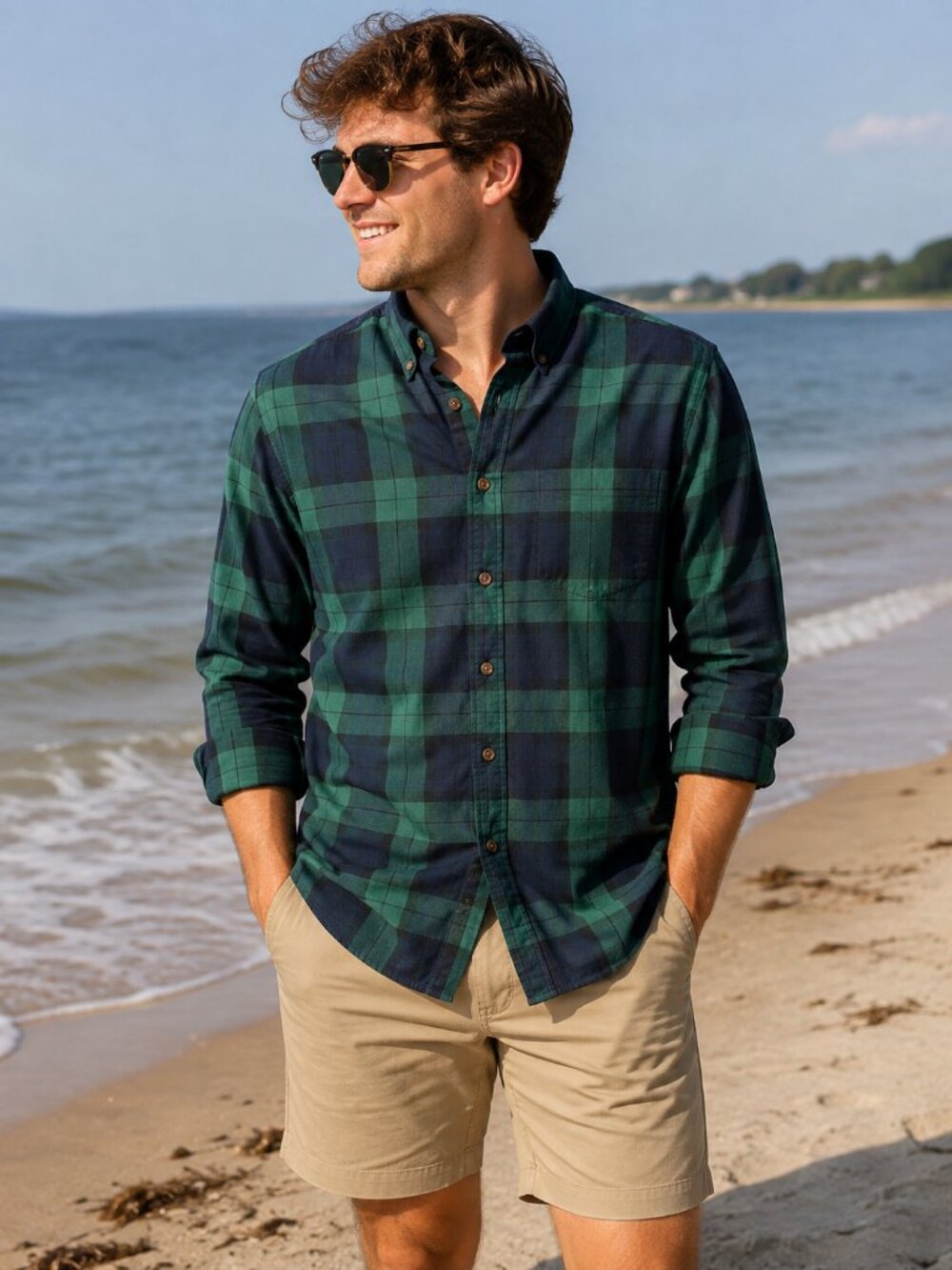 Old Navy Everyday Shirt Green Navy Plaid Button Down Men’s Large *